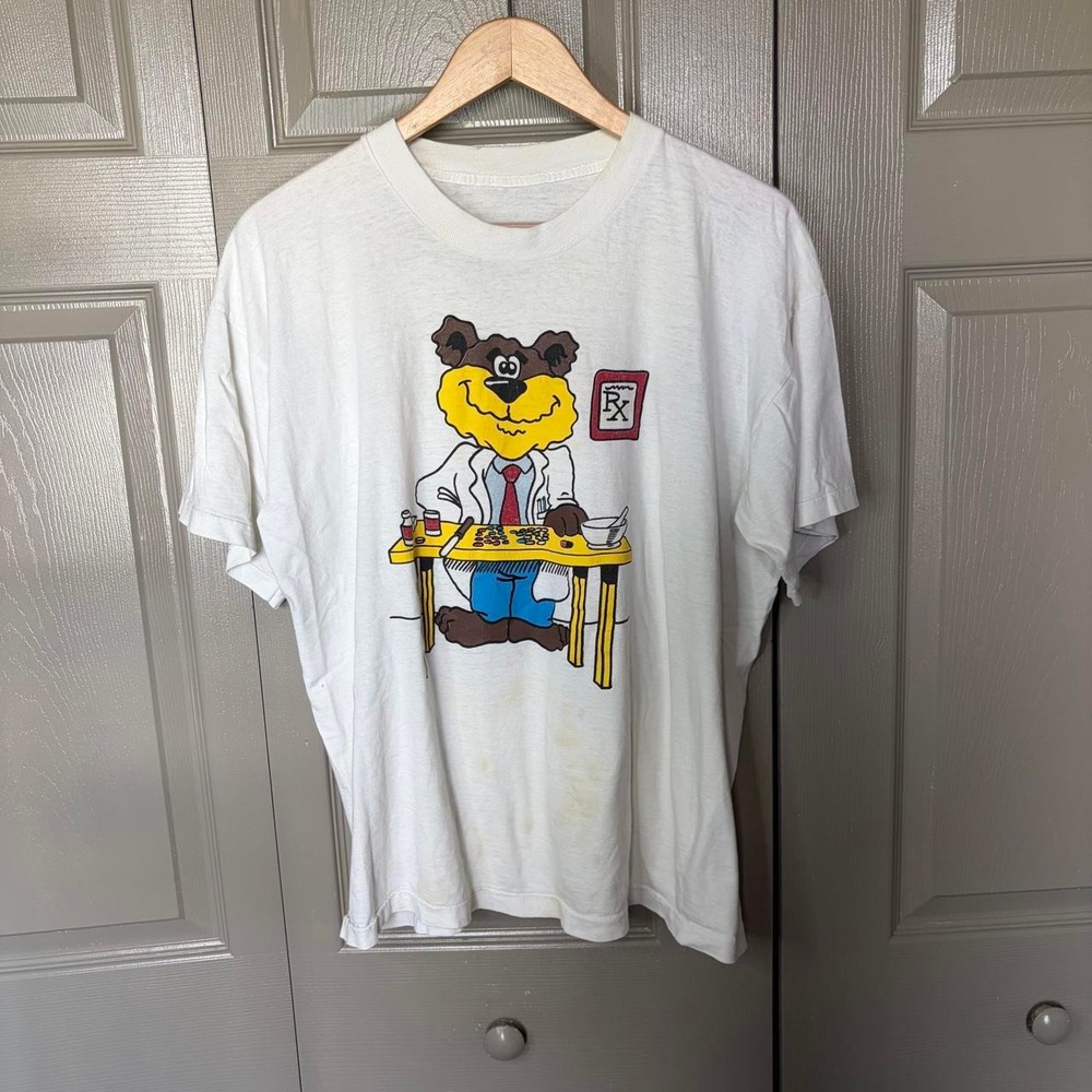 Vintage 90s Medicine Pharmacy Bear Doctor Graphic T-Shirt White Single Stitch L